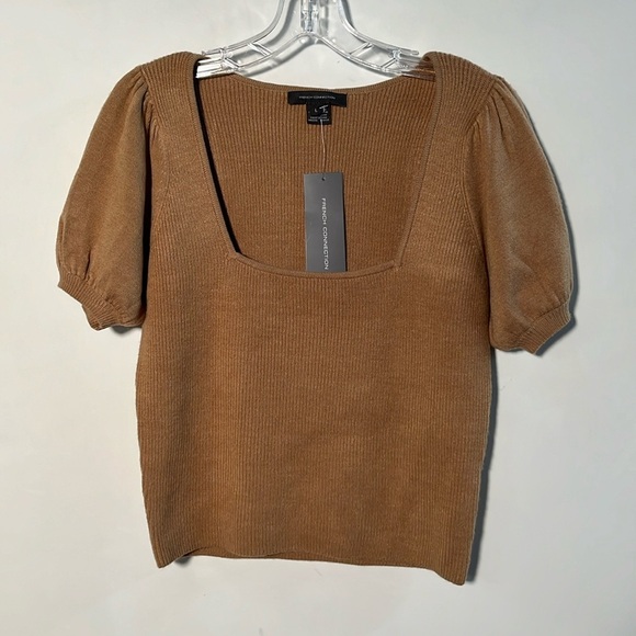FRENCH CONNECTION NEW Milkmaid Boho Puff SLV SQ. Neck Mix Knit Camel Sweater L - Picture 1 of 16